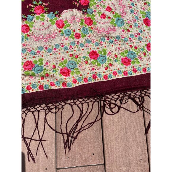 Antique 1909 Romanian Textile Art Wool Floral Shawl Hand Tied Fringe Floral - Picture 2 of 10